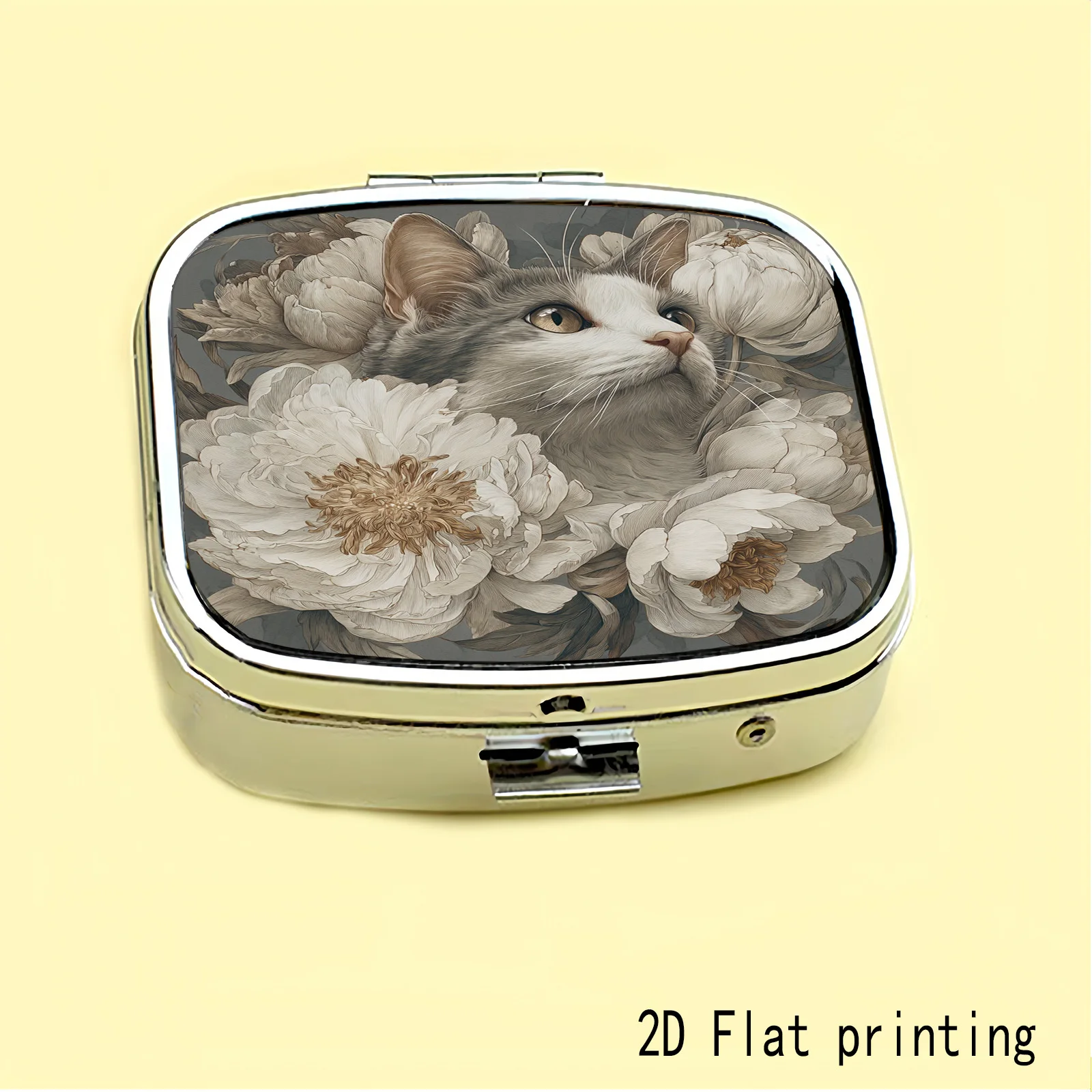 Golden-Eyed Gray Cat Looking up at the White Floral Pattern, Two Types of Small Pill Boxes Available for You to Choose From: One with Three Round Compartments and the Other with Two Square Compartments, Portable Medicine Storage Suitable for Handbags or Travel, Elegant Design, Polished Finish, Exclusive for Daily Medication Users.