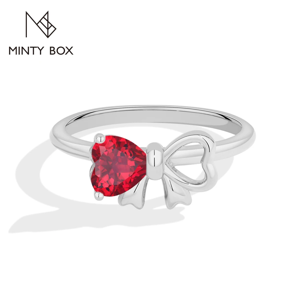 MINTYBOX Bowknot Heart Cut Moissanite Rings 925 Sterling Silver Ruby Ring for Women Romantic Elegant Dinner Party Jewelry Gifts