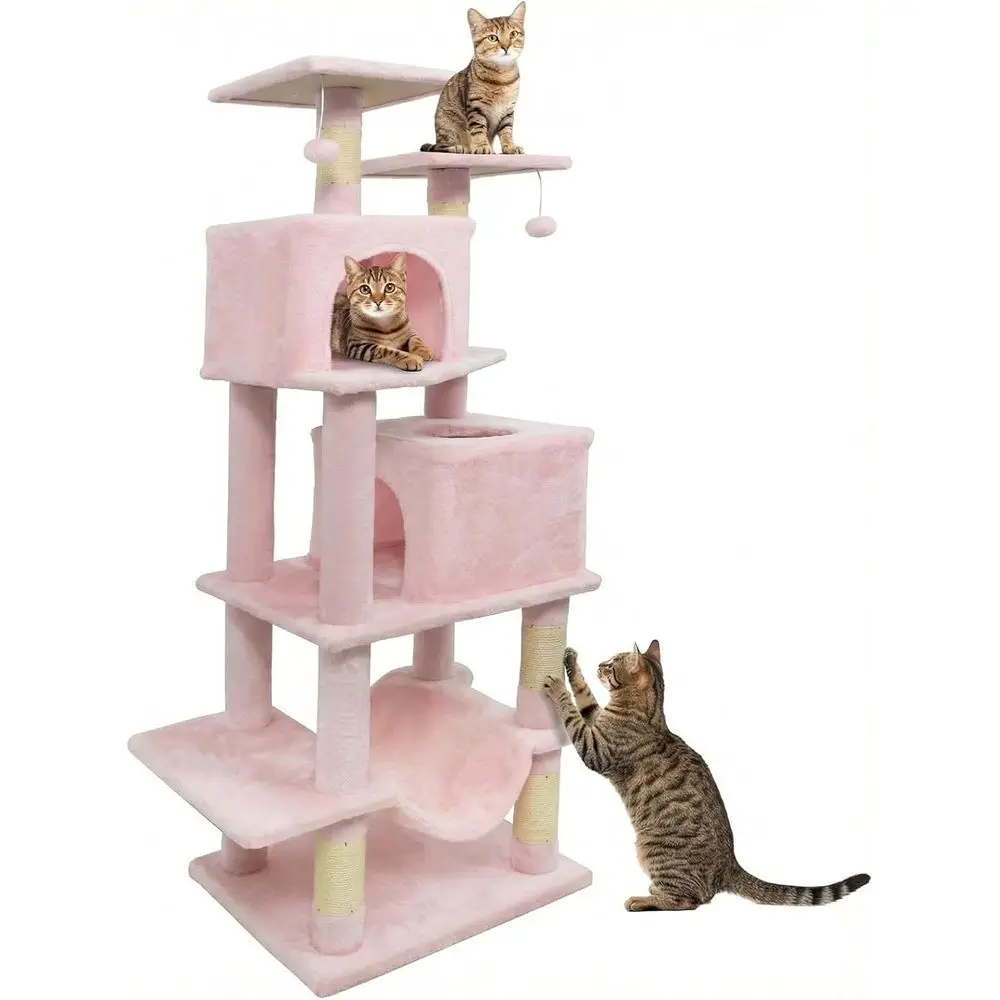 

57 Large Pink Cat Tower with Sisal Scratch Post, Perch, Condos, Hammock, Balls, and Platforms