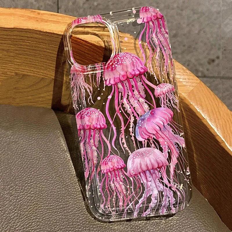 Pink Jellyfish Oceanic Clear Phone Case For iPhone 16 15 Pro Max Cases iPhone 14 13 12 11 XS XR 7 8 Plus Airbag Sharks Cover