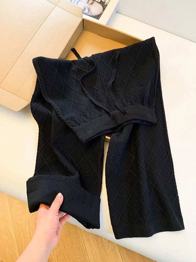 Women's Loose Fit Diamond Pattern Elastic Waisand Comfortable Faionable Trousers High Waist Casual Knitted Wide Leg Pants