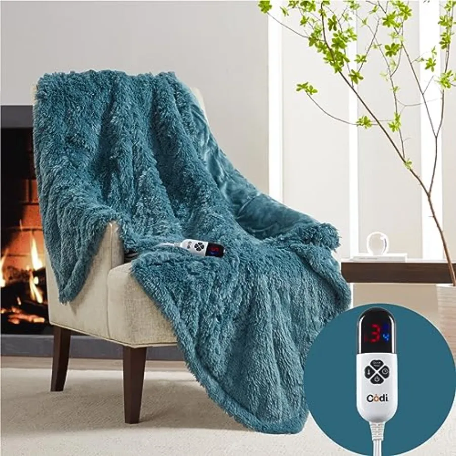 

Fuzzy Shaggy Fur Electric Blanket Throw Teal 50x60 Super Soft Couch Heated Throws 6 Heating Levels and 4 Time Settings with Aut