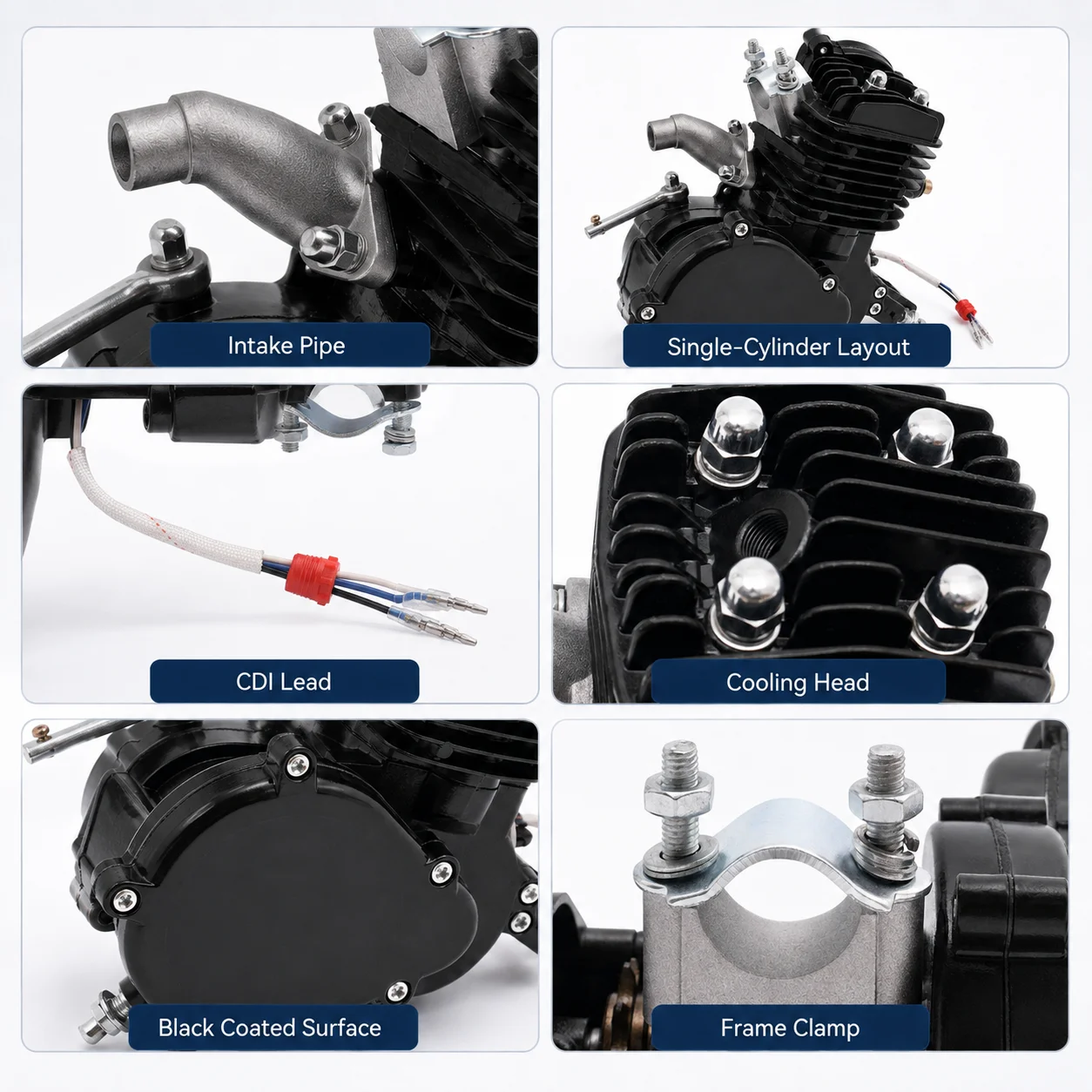 Motor de Bicicleta de 80cc y 2 Tiempos, 1.85kw/5500rpm, con Encendido CDI, 1.65HP, Cilindro Único, Orificios de Disipación de Calor, Bajo Consumo de Combustible 0.53gal/62millas, Arranque con Pedal, Acabado Negro, para Bicicletas de Montaña, Cruiser y Carretera con Cuadro en V de 26-28 Pulgadas