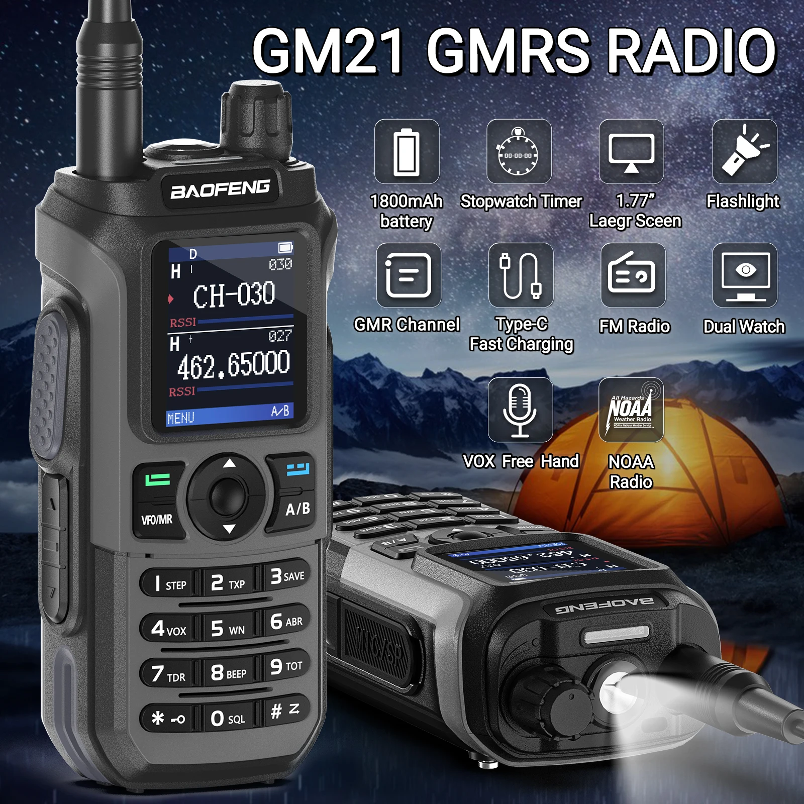 2PCS BAOFENG GM-21 GMRS Walkie Talkie Wireless Copy Frequency Type-C NOAA Upgraded UV-21 PRO Ham Radio Two Way Radio For Hunting