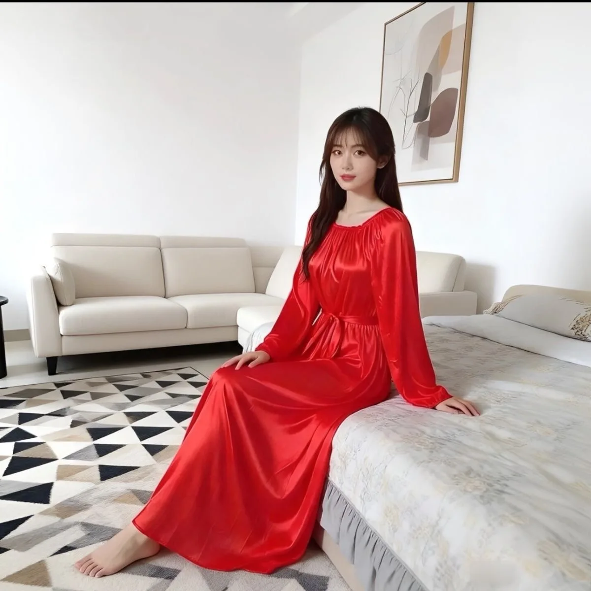 Unisex Double-Sided Soft Silky Elastic Simple High-End Sleep Dress Silk Smooth Elastic Long Dress Trendy Home Wear Long Sleev...