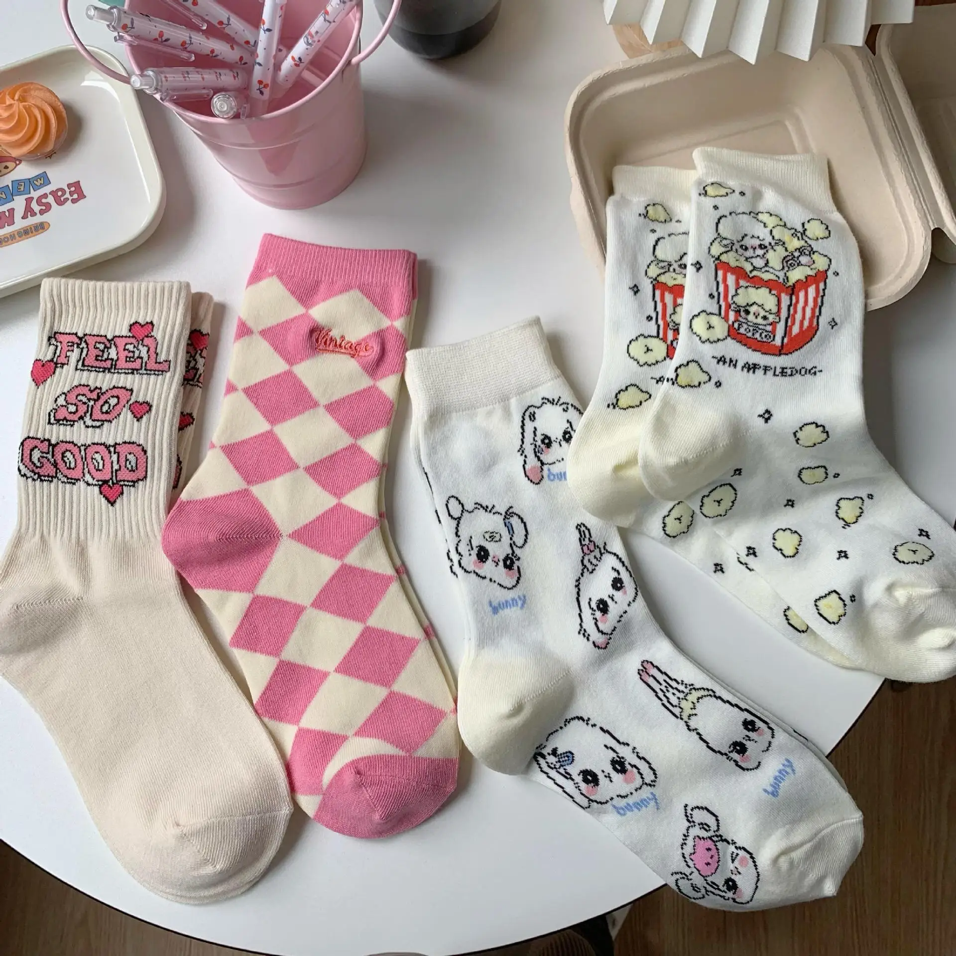 

Women's Summer Spring Midtube Cotton Socks Sweet Girly Style Kawaii Pile Pile Stockings Cartoon Cute Puppy Pattern Couple Socks
