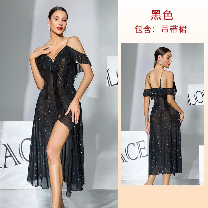 Women's Nightdress Off-the-shoulder Chain Ruffle Edge High Split Long Dress Skin-friendly and Breathable Multi-color Cw99062