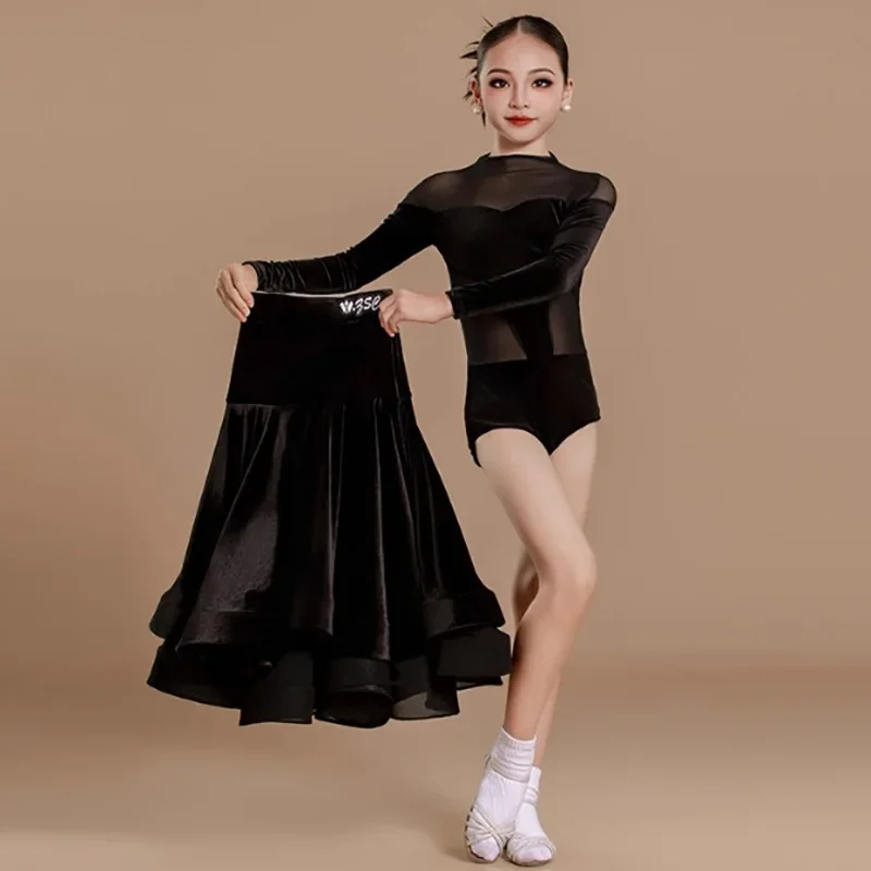 Kids Girls Velvet Mesh Waltz Ballroom Professional Costumes Long Sleeve Jumpsuit and Large Skirts Modern Dancing Clothes