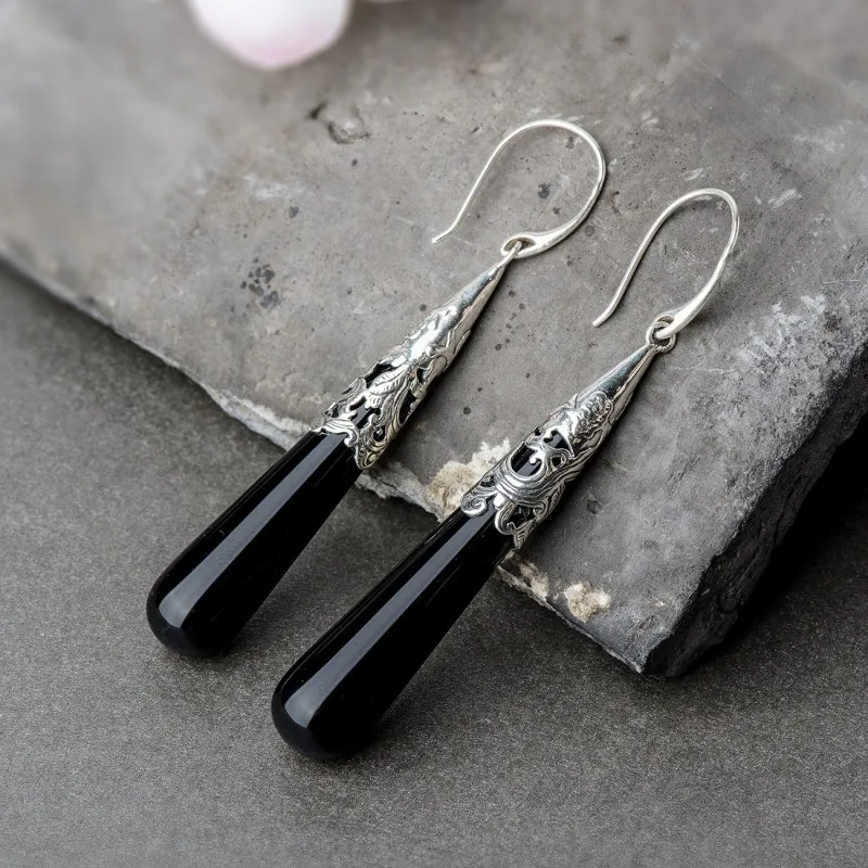 BOCAI Long Baolong authentic 925 Sterling Silver Silver Black Onyx long earrings earrings NEW Black Folk Style exaggeration