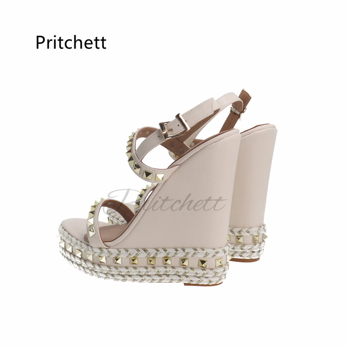 Beige Rivet Espadrilles Wedges Sandals with Heels Platform Buckle Luxury Design Leather Sandals for Women Shoes Custom Color