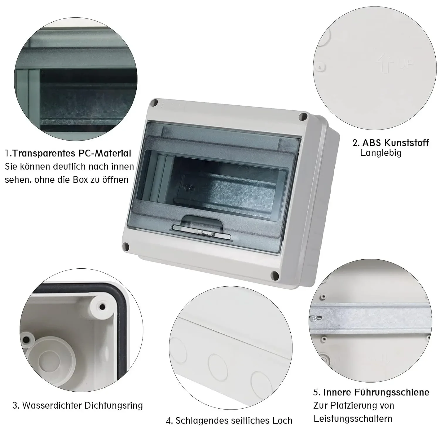 HT-Serie Anschlusskasten 5/8/12-Wege PC-Kunststoff IP65 Wasserdichter Sicherungskasten mit Anschlussklemmen für DIN-Schiene, für Außenbereich und Garten, Verteilerkasten – Detail 4