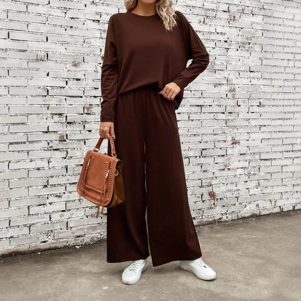 New Fashionable Cotton Long Sleeved Temperament Round Neck Straight Leg Pants Casual Suit