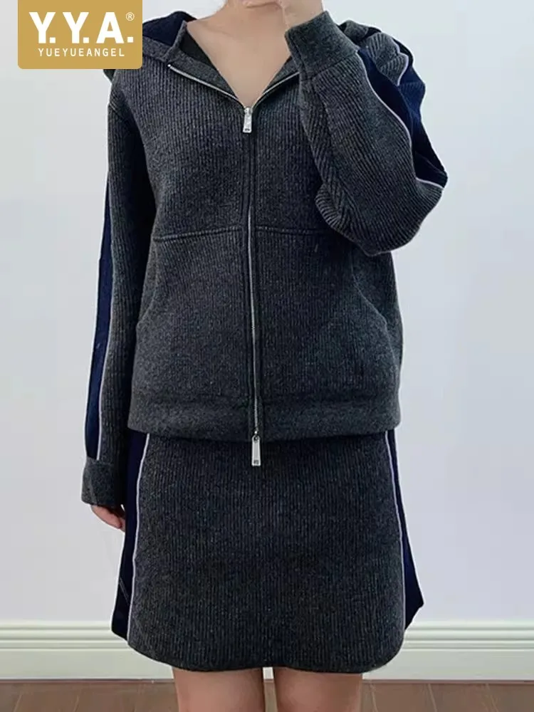 Automne Patchwork tricoté femmes veste à capuche ensembles fermeture éclair manches longues haut décontracté tenues au-dessus du genou Mini jupe deux pièces ensemble