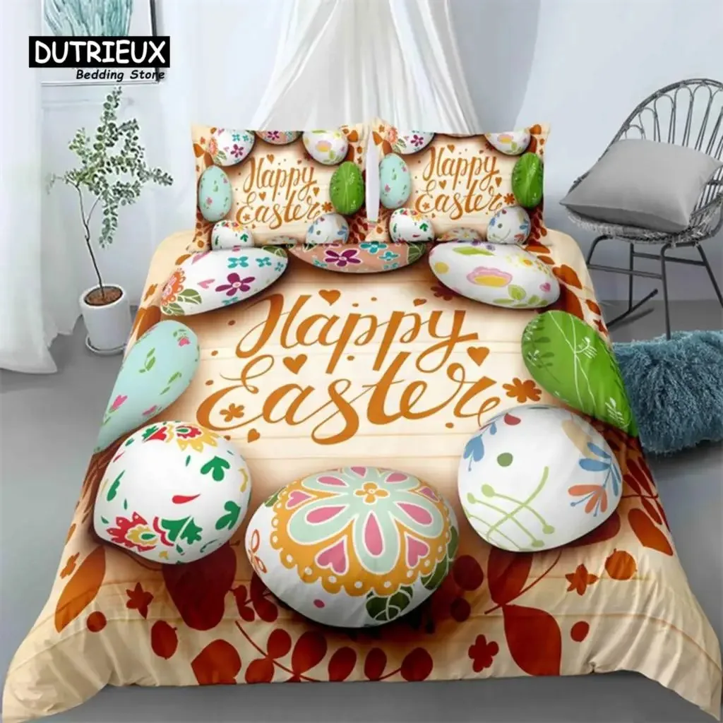 

Soft Easter Eggs Print Duvet Cover Happy Easter Cartoon Rabbit Toddler Bedding Sets Twin King Queen Size Microfiber Quilt Cover