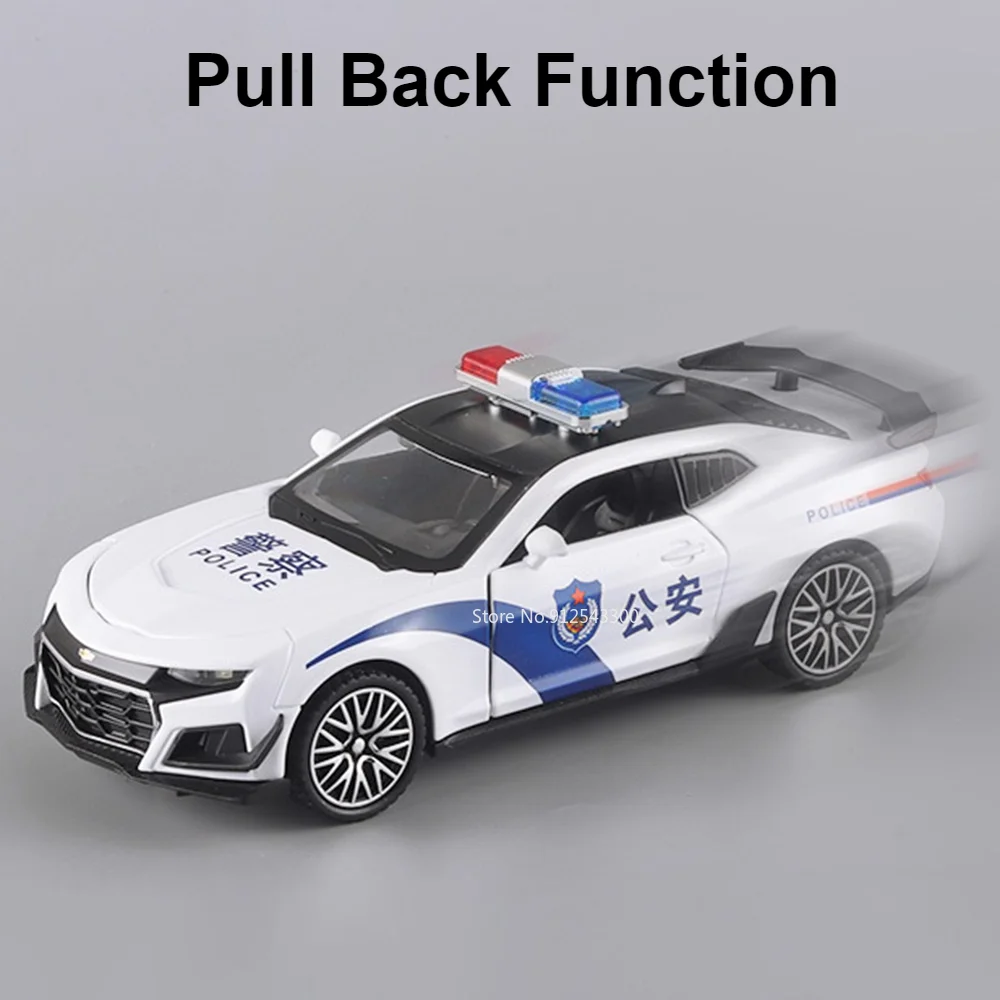 1/32 Scale Police Car Model Toy Alloy Body Pull Back Sound Light Doors Opened Sports Cars Models Ornament Collection Kids Gifts