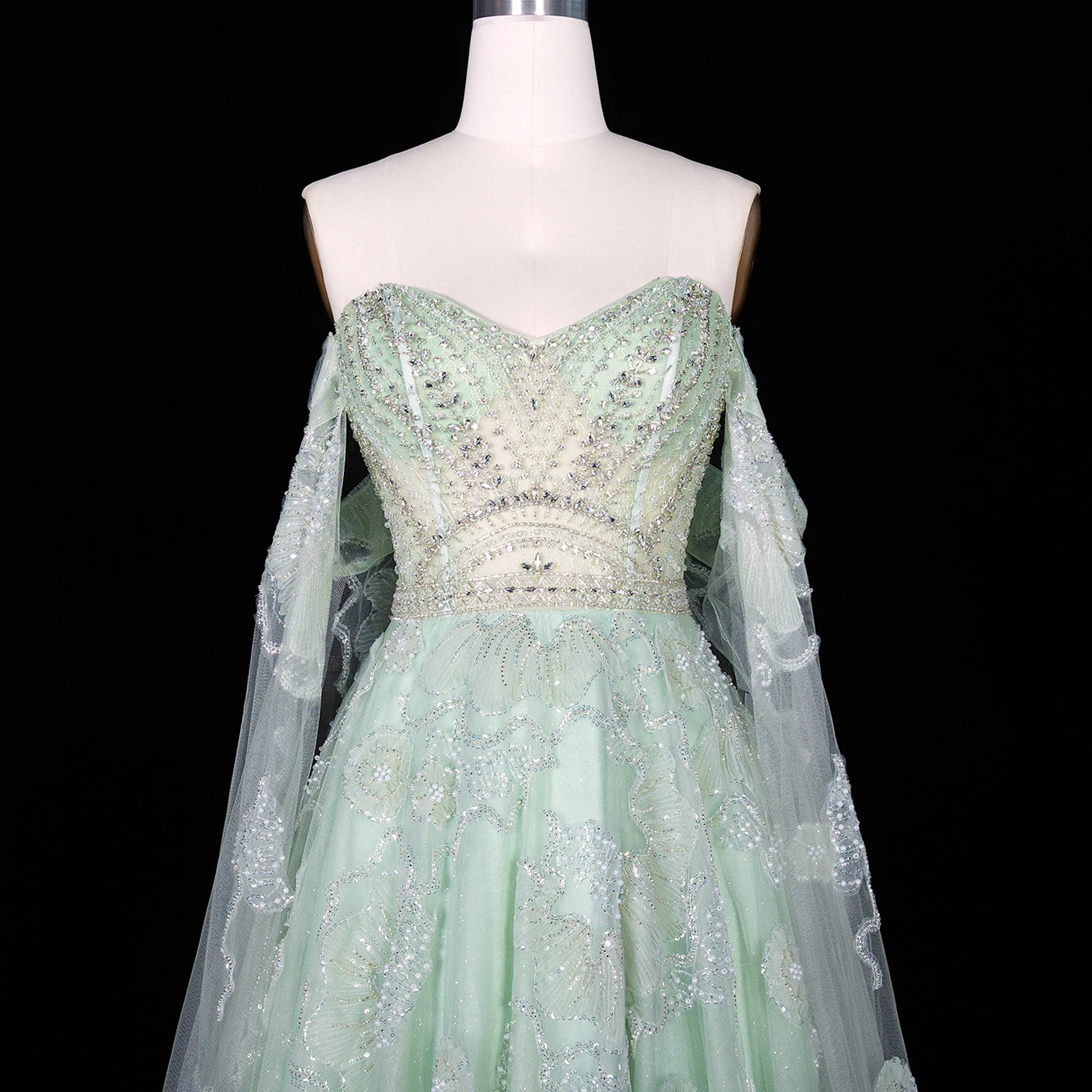 Sharon Said Dubai Luxuriöses Schulterfreies Abendkleid mit Cape-Ärmeln aus Tüll, Arabisches Damen-Hochzeitskleid, Formelle Ballkleider SS754 Maßanfertigung – Detail 5