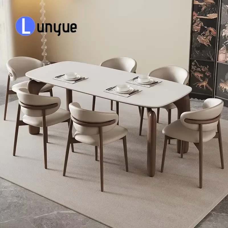 Nordic Solid Wood Dining Table Set for 8 Walnut Color Modern Matte White Rock Plate Natural Ash Wood Home Furniture