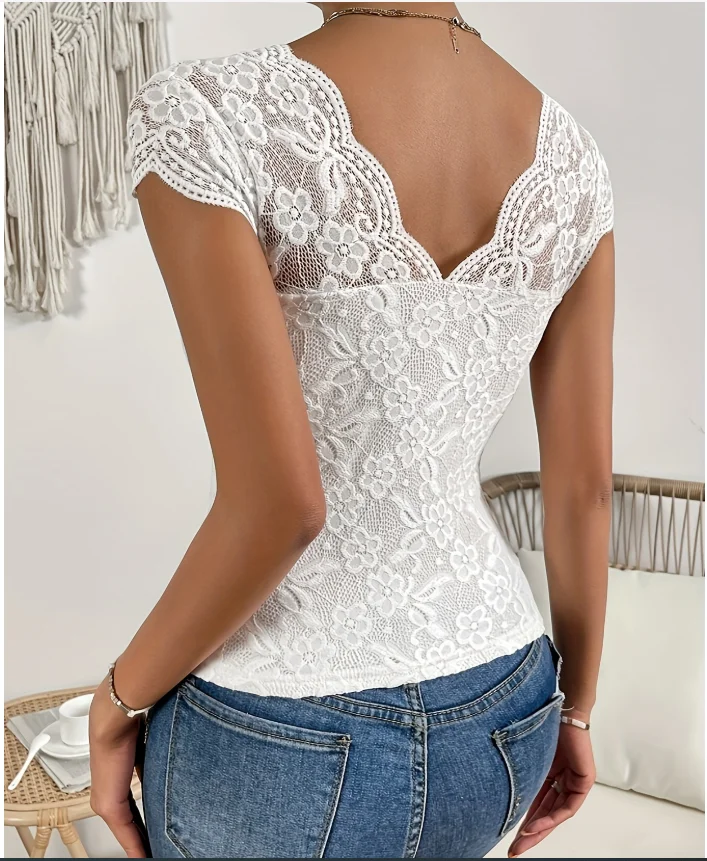 Y2K Tops V-Neck Solid Color Sexy Lace Fashion Casual Base Lace Patchwork Top Women's Summer Sexy Slim Fit Lace Sexy T-Shirt Top