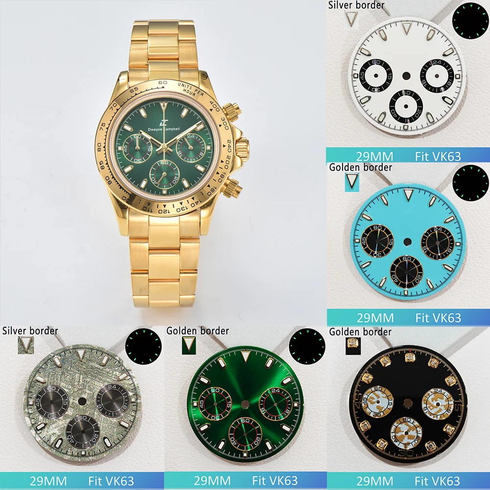 

For VK63 Watch Dials 29mm C3 Green Luminous Modified 6 Hands Chronograph Face Meteorite Dial Fit for 39mm Watch Case Parts