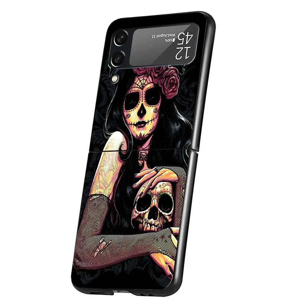 Catrina Beautiful Rose Girl Skull Case Phone Cover for Samsung Galaxy Z Flip 6 5 4 3 5G ZFlip6 ZFlip5 ZFlip4 ZFlip3 Black Hard T image 3