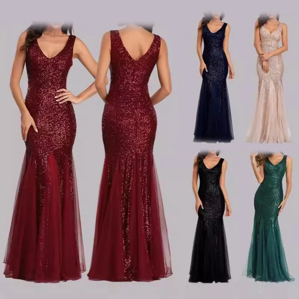 

2025 New Summer Womens Sequins Fishtail Slim Fitting Dress Low Neckline Mesh Shiny Stitching Party Sexy Sleeveless Dresses