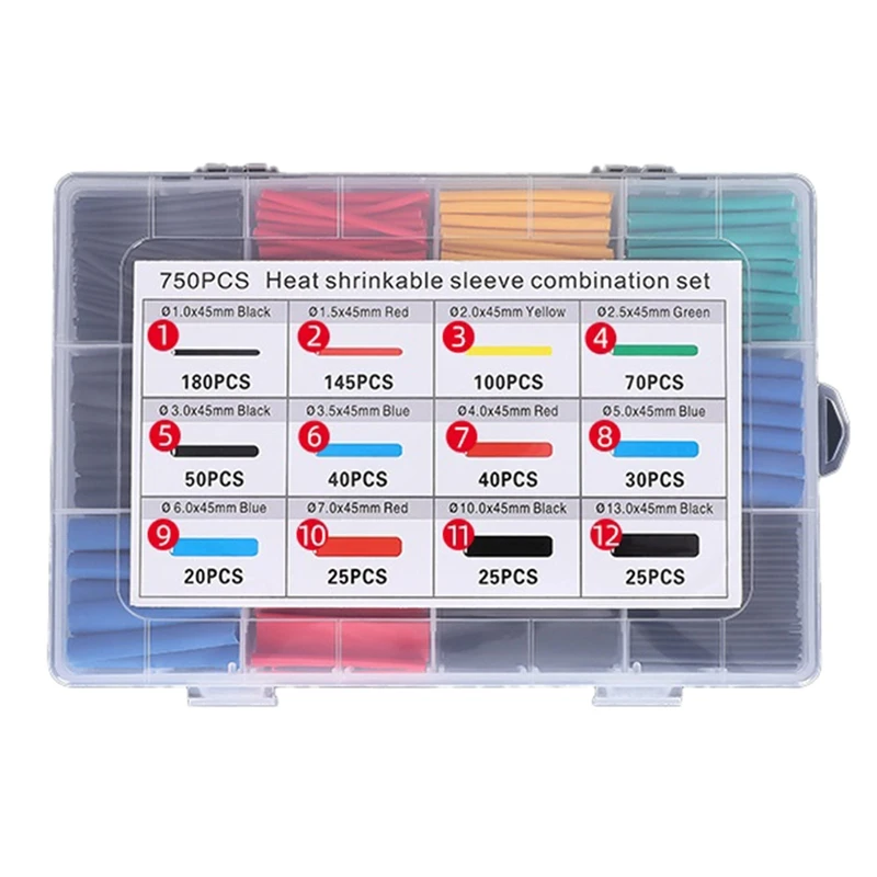 AT02-750Pcs أنبوب الانكماش الحراري أنابيب العزل أنبوبة قابلة للانكماش تشكيلة سلك كابل الإلكترونية كم عدة