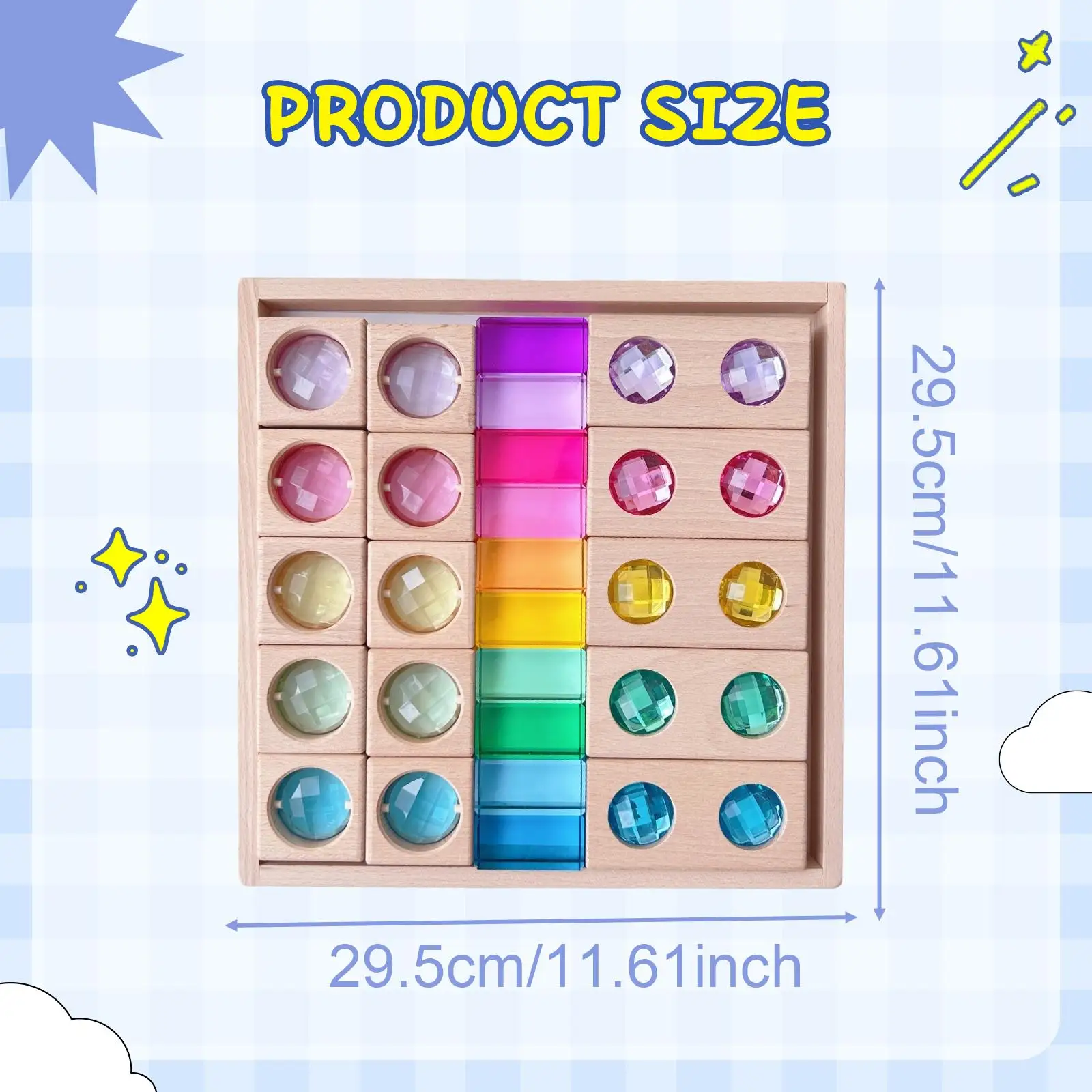 บล็อกไม้ GEM สีสันสดใส พร้อมถาดเก็บของ ฝึกการประสานงานระหว่างมือและตา ของขวัญที่เหมาะสำหรับเด็ก ชุดตัวต่อสร้างสรรค์