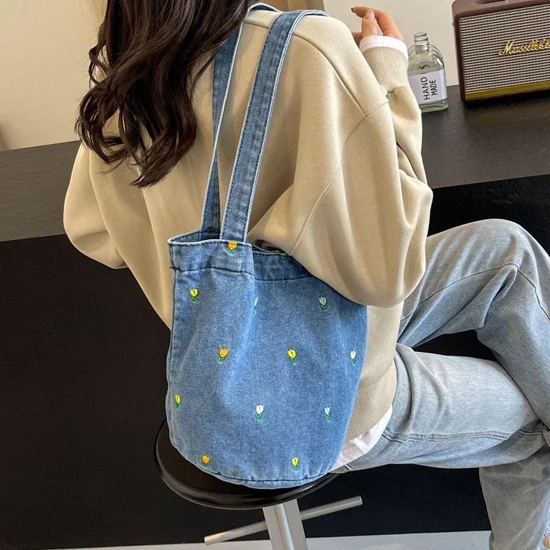 Solid Hot Selling Casual Shoulder Bags Sewing Thread Hasp Denim Handbags for Women 2024 Versatile Basic Style Embroidery