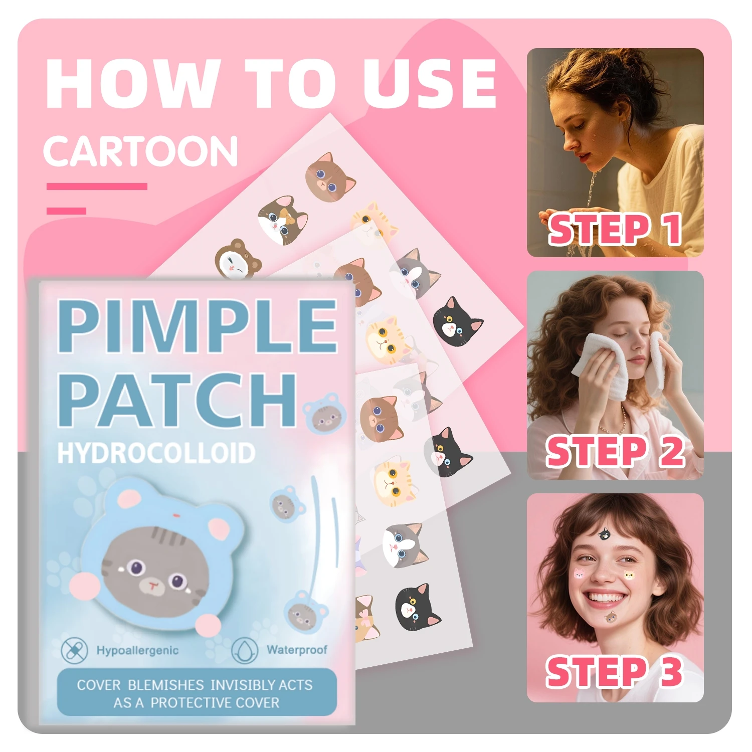 600pieces of cartoon cat acne patches, facial acne patches, concealer acne patches, and pimples patches. Ultra-thin and breathab
