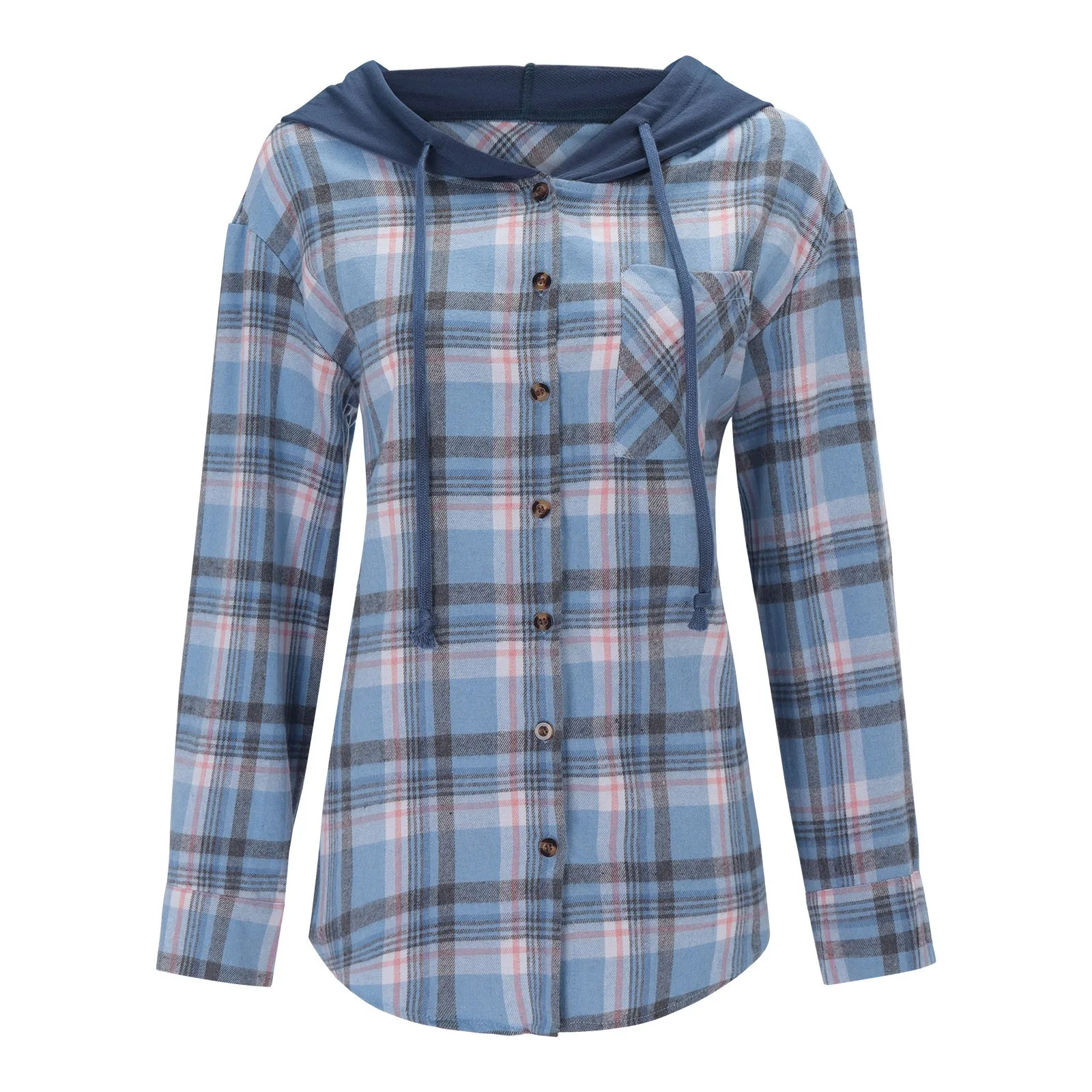 Women Long Sleeve Plaid Shirts Blue Button Down Pocket Blouse Tops Retro Casual Drawstring Hooded Shirt Camisas