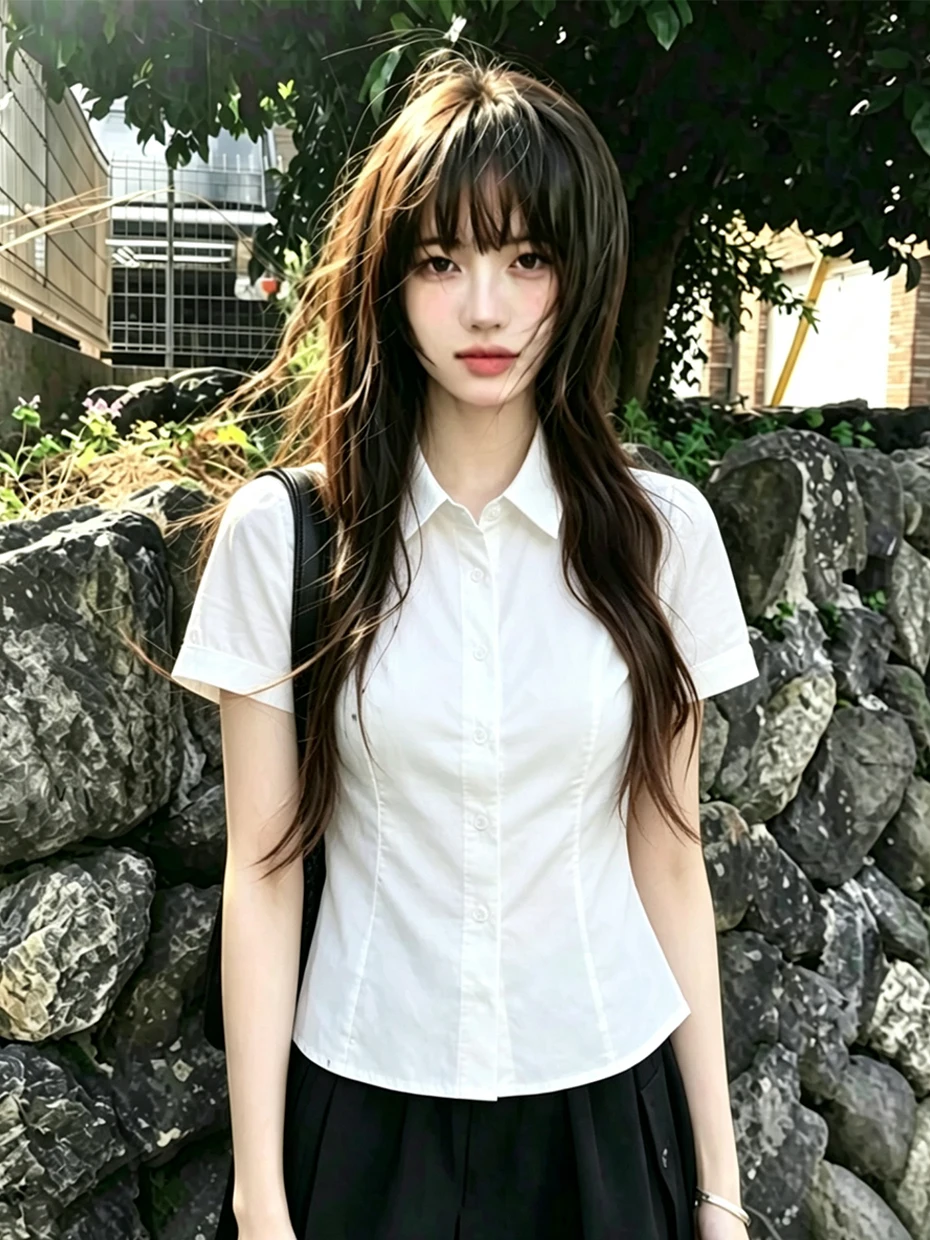 

White Waist-Cinching Short Shirt Women's Fashion College Style Unique Design Summer New Arrival Korean Version Polyester Fiber