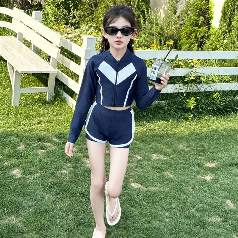 

Girls Swimsuits Kids Long Sleeves Top+Shorts Bottom Baby Girl Swimming Suit Younger Bathing Wear Little Child Swimming Set 4-14Y