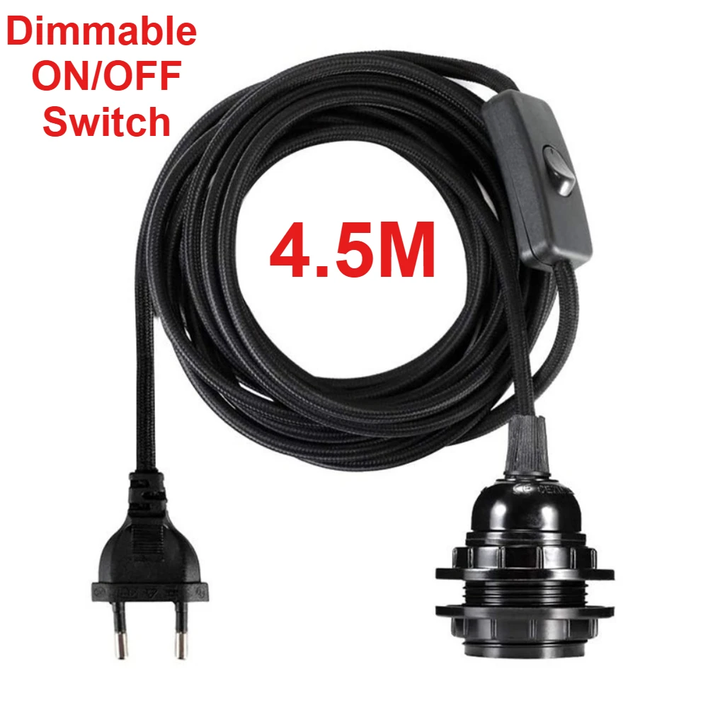 4.5M EU/US Plug in Pendant Lamp Black Extension Hanging Lantern Cord Cable with On/Off  Dimmable Switch E26 E27 Socket Lamp Base