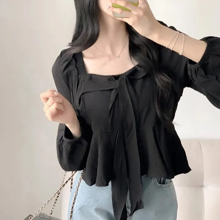 Chic Women's Chiffon irt Spring Autumn Bow Tie Gentle Sweet Anti Aging  Color Square Collar Long Sve ort Top