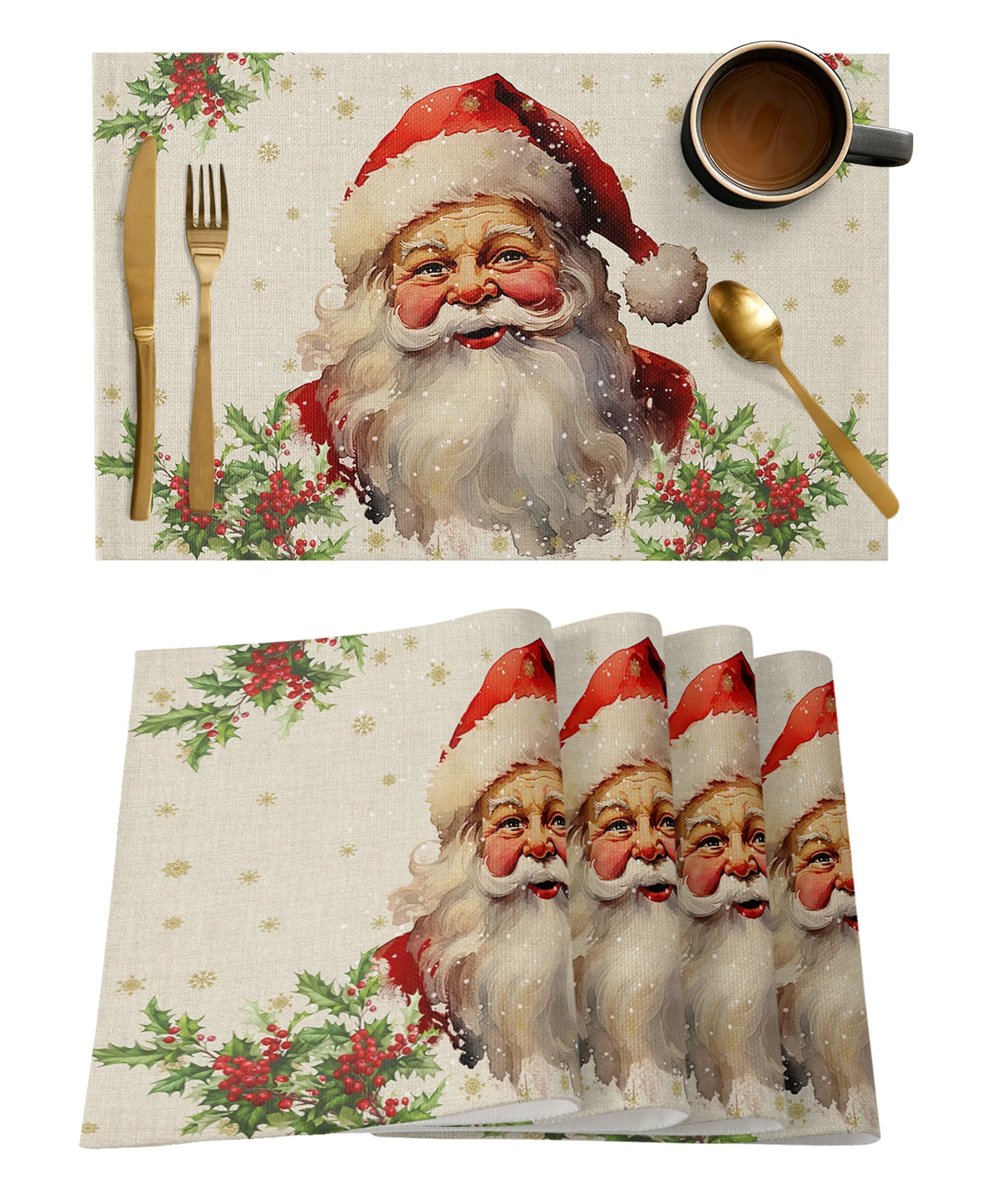 Christmas Santa Claus Snow Berries Table Runner Cotton Linen Wedding Decor Tablecloth Home Christmas Table Decor Table Runner