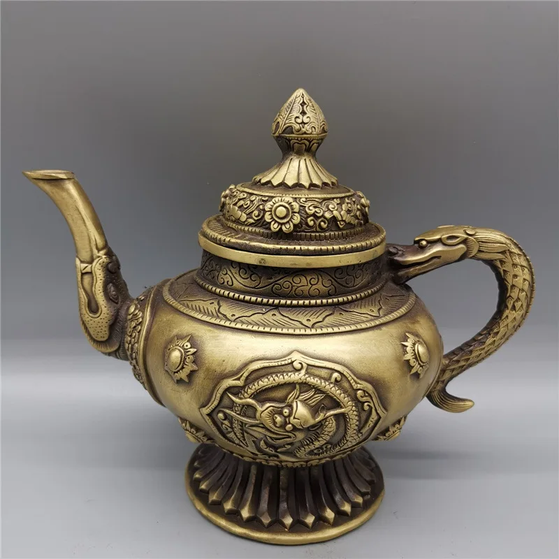 

Brass Tibetan Dragon pot decoration antique copper ware Tibetan Kettle Teapot wine pot handle pot home decoration