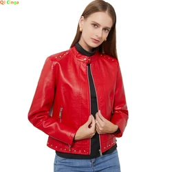 Chaqueta de PU decorada con remaches rojos para mujer, chaquetas de cuero con cuello levantado, abrigo de motocicleta de ocio de Color puro, prendas de vestir exteriores