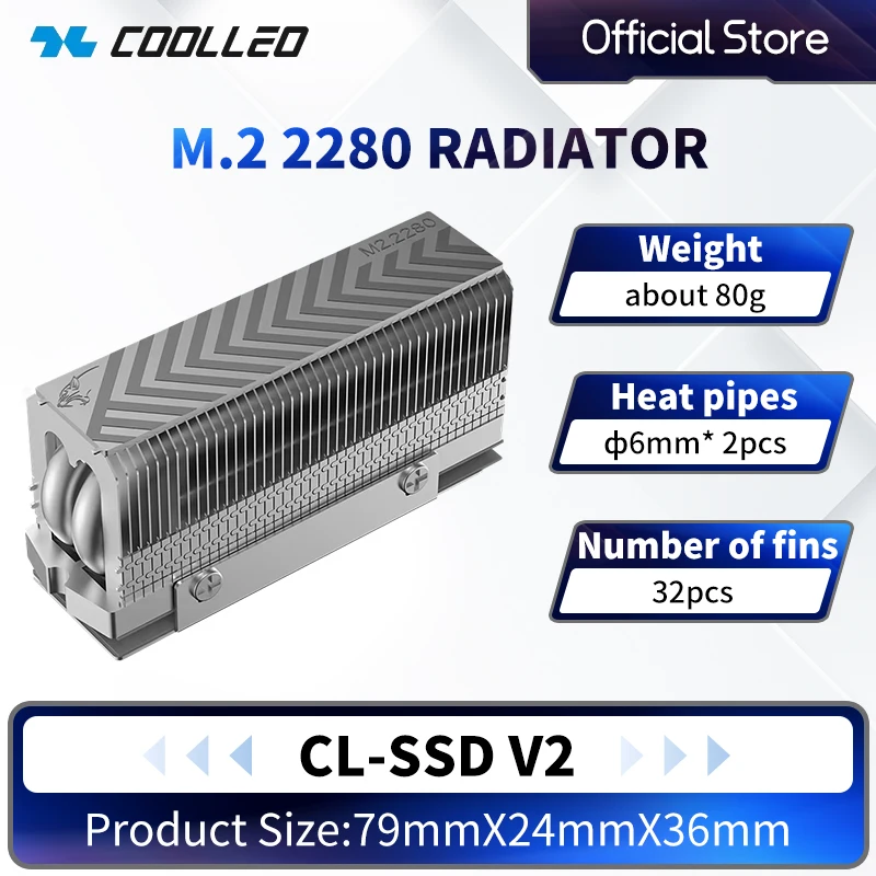 

COOLLEO M.2 2280 NVMe SSD Heat Sink 2 heat pipes SSD Cooler With 14.8W/mk Thermal Pad