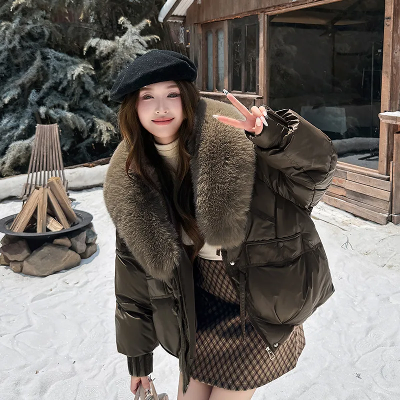 Chaqueta acolchada de algodón para mujer, abrigo de algodón con cuello de piel grande, Parka personalizada, ropa de calle, Chaqueta de algodón con capucha, invierno 2025