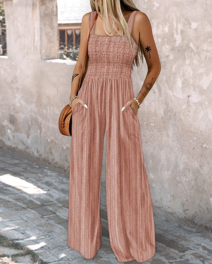 

Jumpsuit Women 2025 Spring New Tie Dye Print Square Neck Thick Strap Shirred Wide Leg Jumpsuit Casual Long Overalls with Pockets