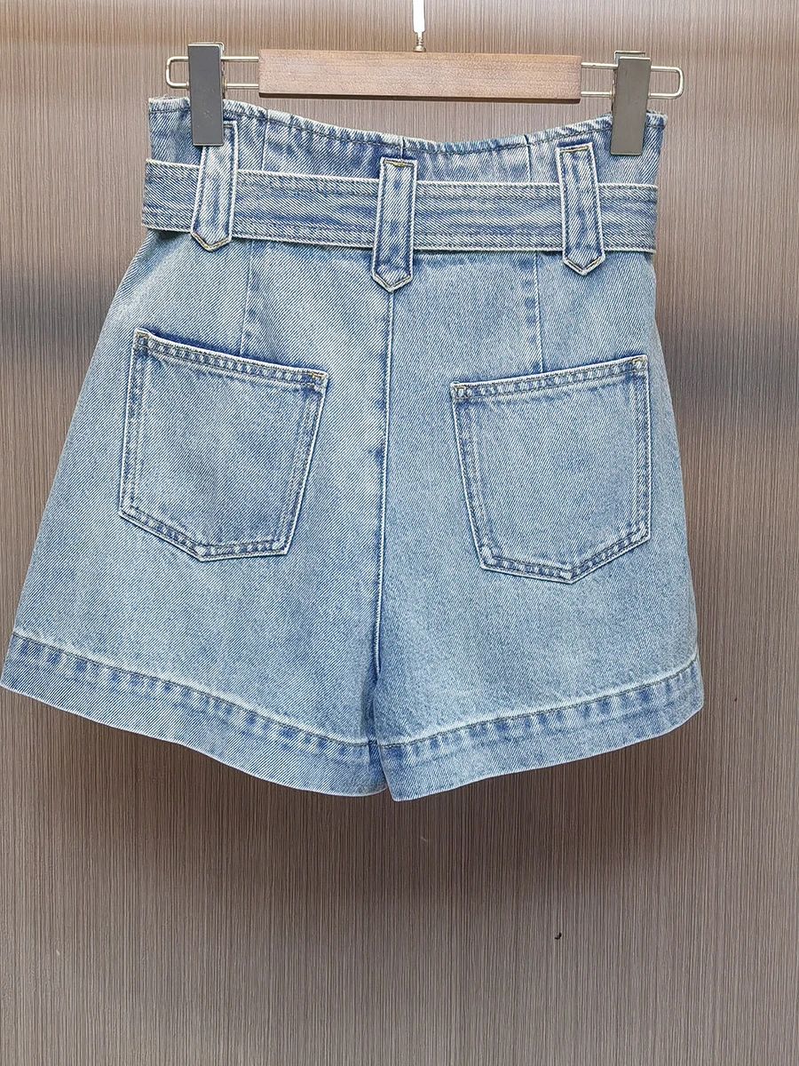 Women's 2025 Summer New Fashion Shorts Female Chic Waist Bag Pocket Wide Leg Denim Shorts Women's Solid Color Denim Short Pants