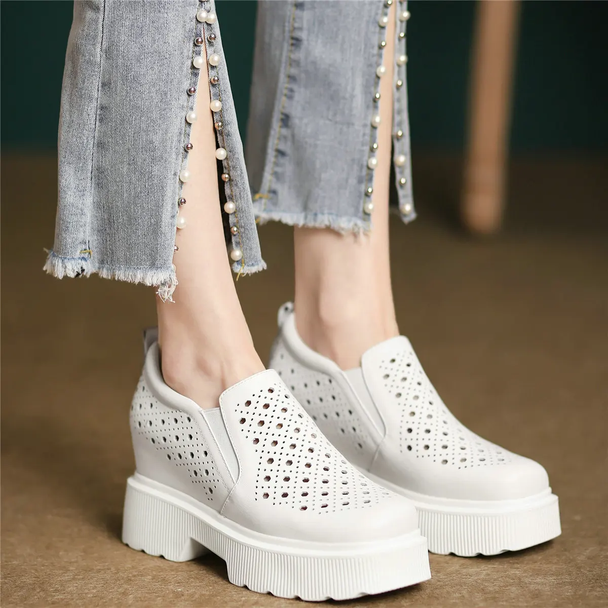 

Platform Pumps Shoes Women Slip On Genuine Leather High Heel Ankle Boots Female Summer Square Toe Fashion Sneakers Casual Shoes