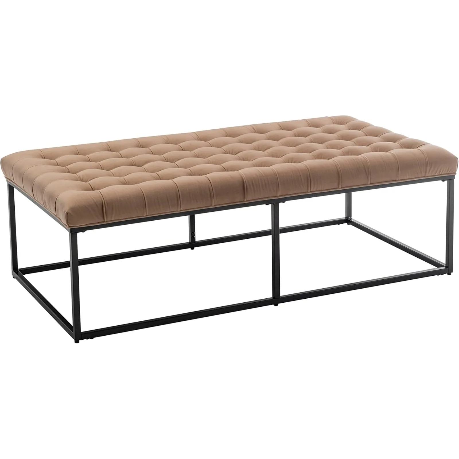 

US Modern Rectangular Button Tufted Cocktail Ottoman Footstool with Metal Base, 56-Inch by 28-Inch, Light Brown Velvet