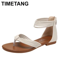 Low Sandals Woman Leather Summer Mid-Calf Strap All-Match Suit Female Beige Women’s Shoes Large Size Low-heeled Gladiator