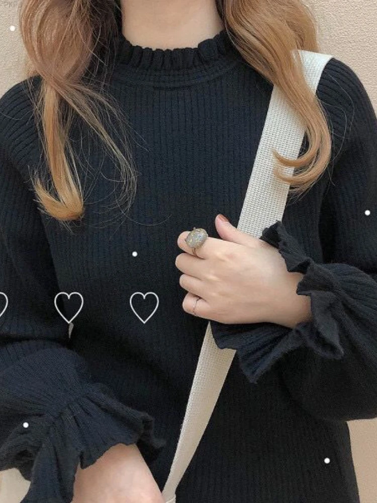 Lace Japanese Sweet Kawaii Blouse Women Bubble Sleeve Korean Cute Blouse Female Designer Black Knitted Blouse Warm Winter 2024