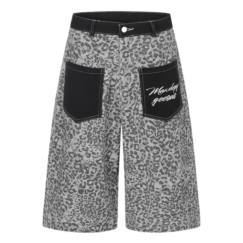 

Lepoard Printed Hip Hop Jeans Shorts Sreetwear Vintgae Loose Denim Shorts For Male LMulti Pockets