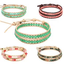 Green Turquoises Beads Bohemian Bracelets Crystal Gems for Women Men 2 Strands Multilayer Wrap Handmade Braided Charming Jewelry