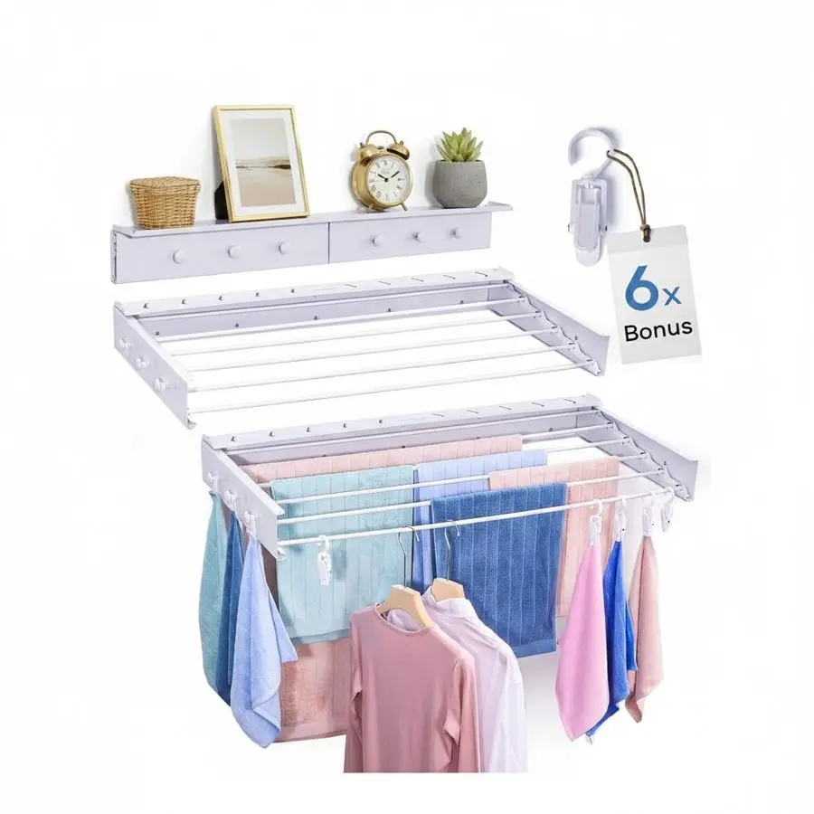 

Premium Aluminium Foldable Clothes Drying Rack Included Shelf with 6 Rods amp 6 Extra Clips Large Laundry Rack 65 LBs Capacity S