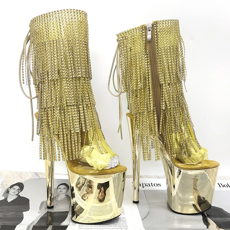 

Золотые блестящие ботильоны на очень высоком каблуке 8 дюймов, сексуальные, фетиш, с бахромой, с открытым носком, на платформе, для танцев на пилоне, экзотические туфли для стрип-клуба