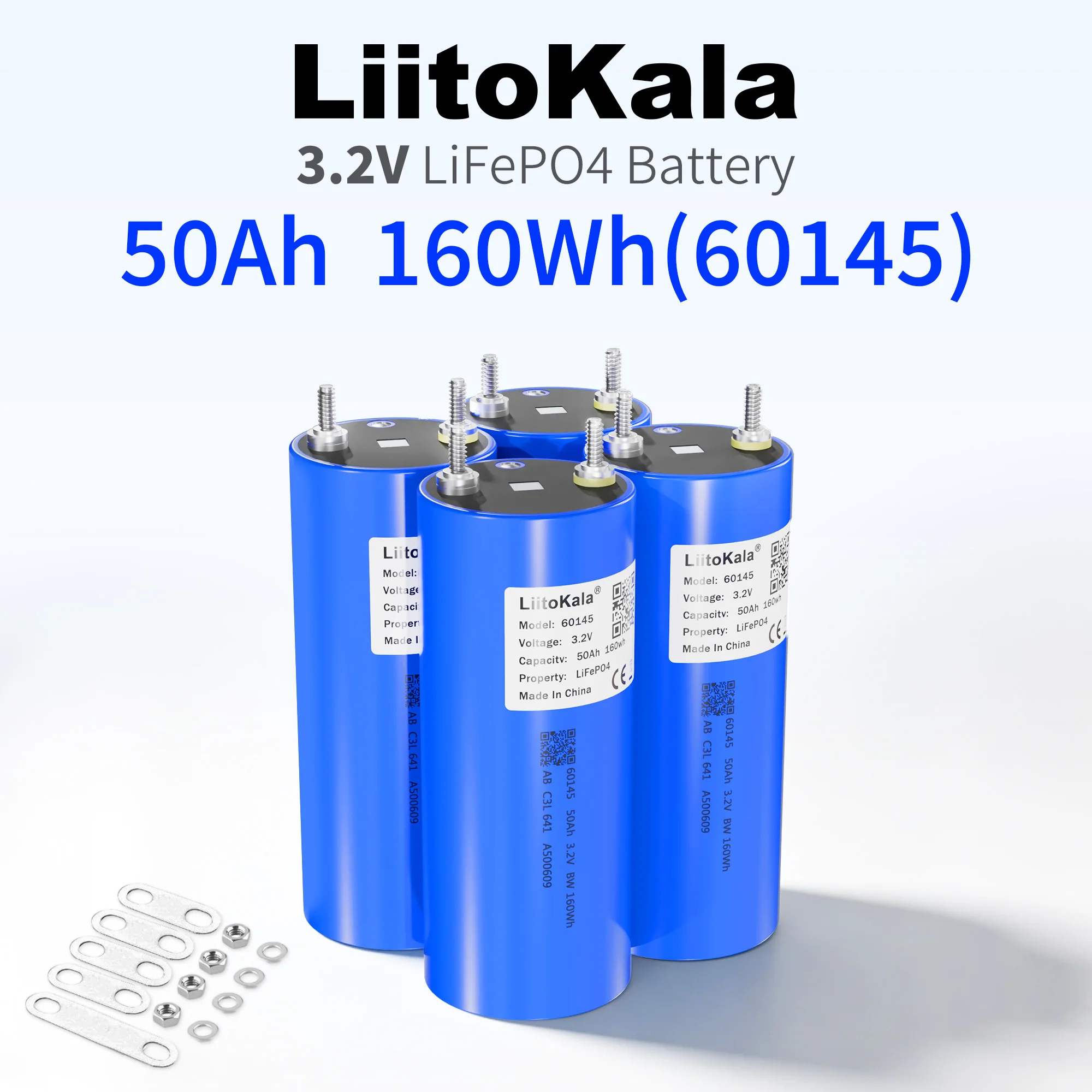 LiitoKala 3.2V 50Ah Cella batteria cilindrica LiFePO4 60145, grande capacità, ciclo profondo, ricaricabile, fosfato di ferro e litio per sistemi di accumulo di energia solare, camper, veicoli